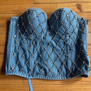Embellished Denim Bustier Top - Light Blue Crystal Studs